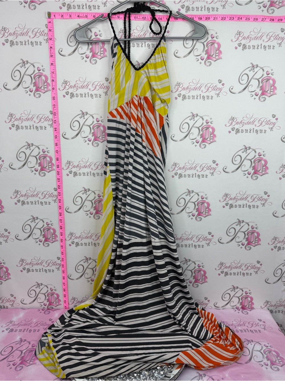le chateau dress long Yellow Black White Orange Striped Halter Maxi Dress long